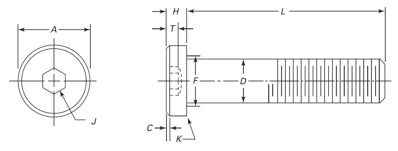 Low head socket cap screw dimension locations per ASME B18.3