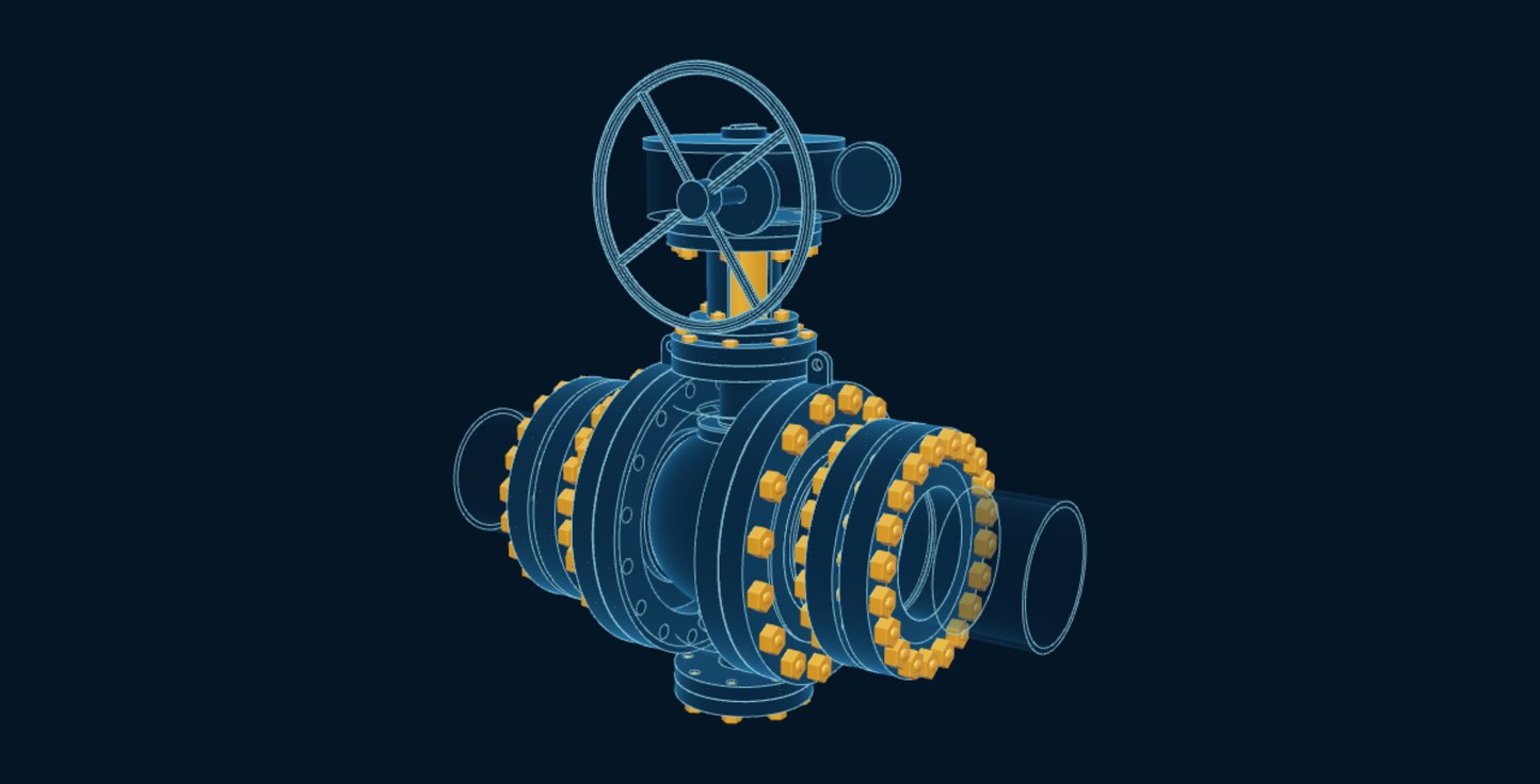 Ball Valve, blueprint drawing with the parts we make in amber