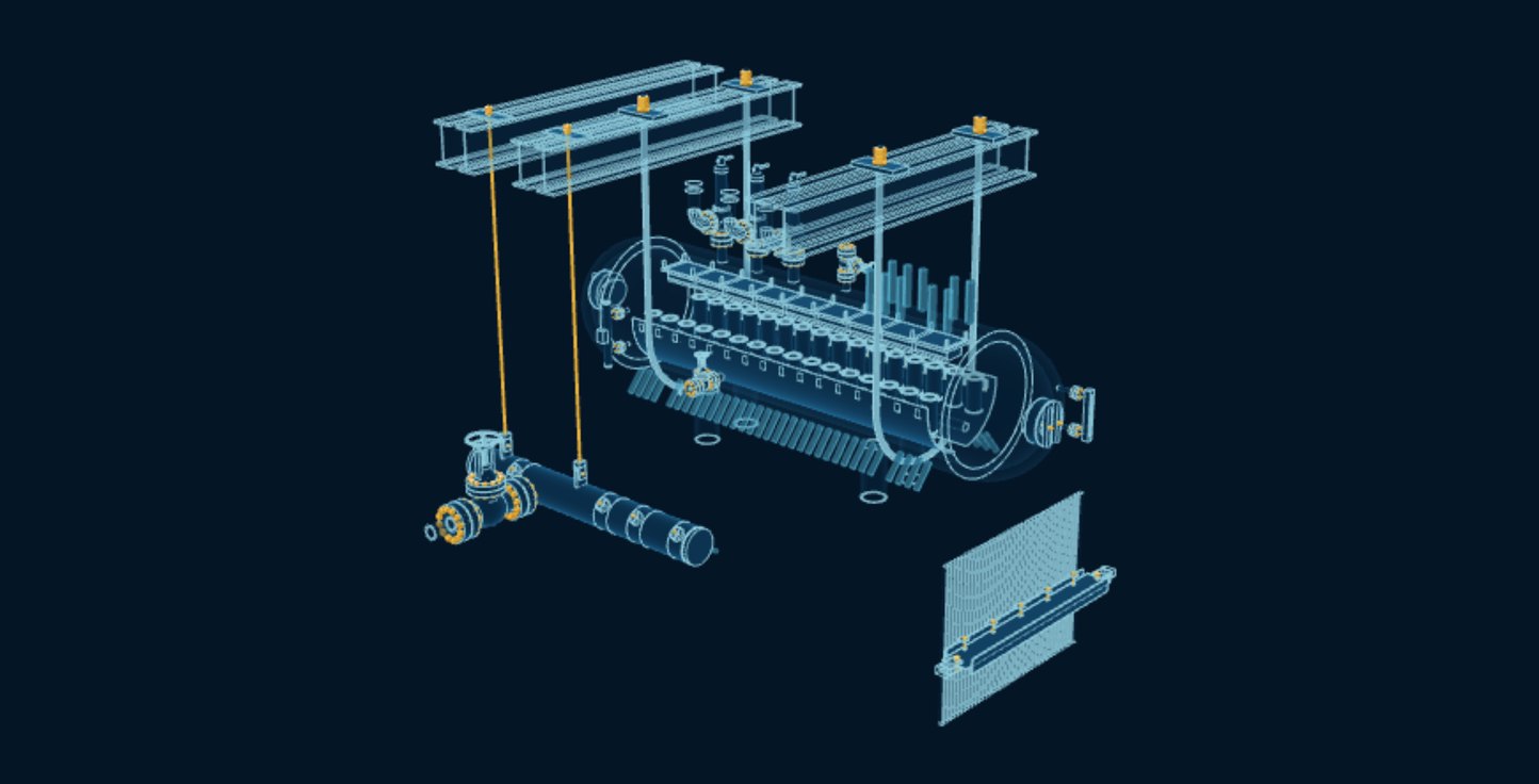 Boiler Steam Drum, blueprint drawing with the parts we make in amber