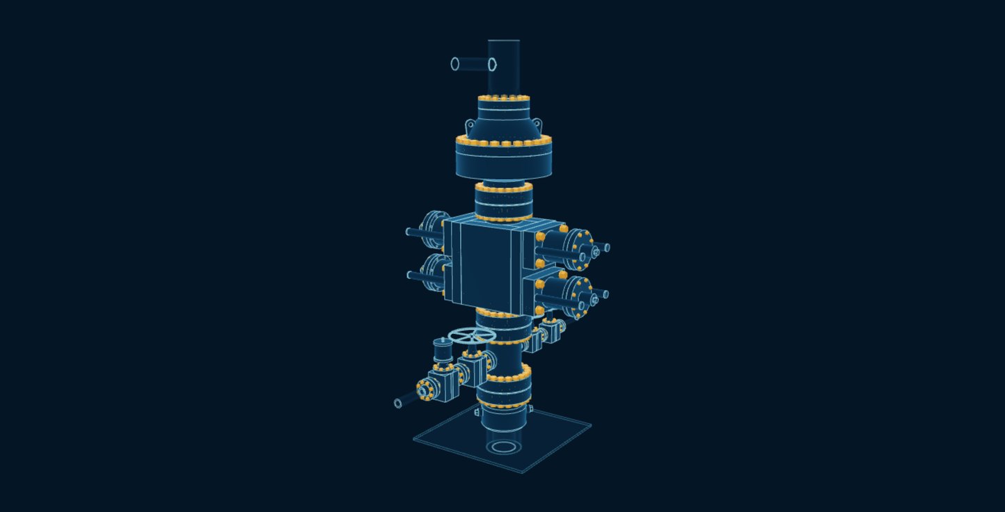 BOP Stack, blueprint drawing with the parts we make in amber