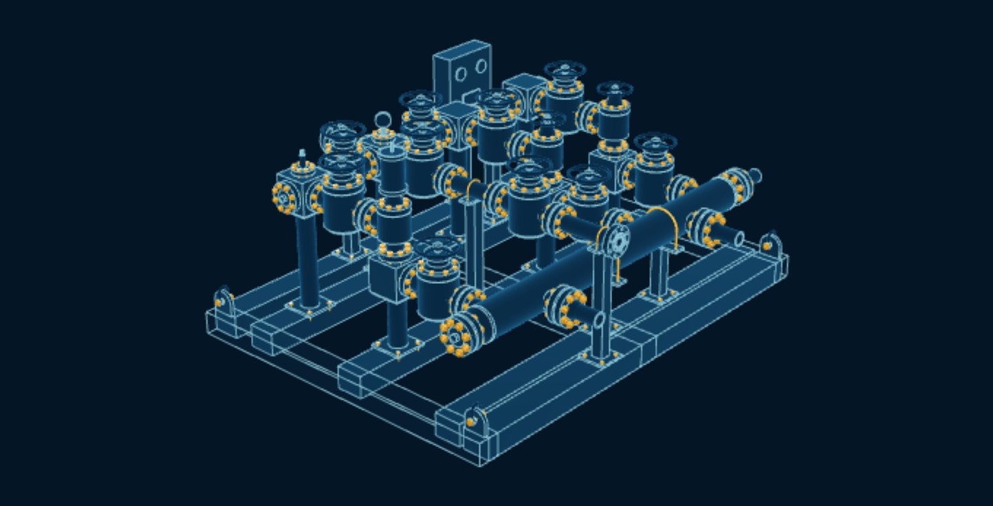 Choke & Kill Manifold, blueprint drawing with the parts we make in amber
