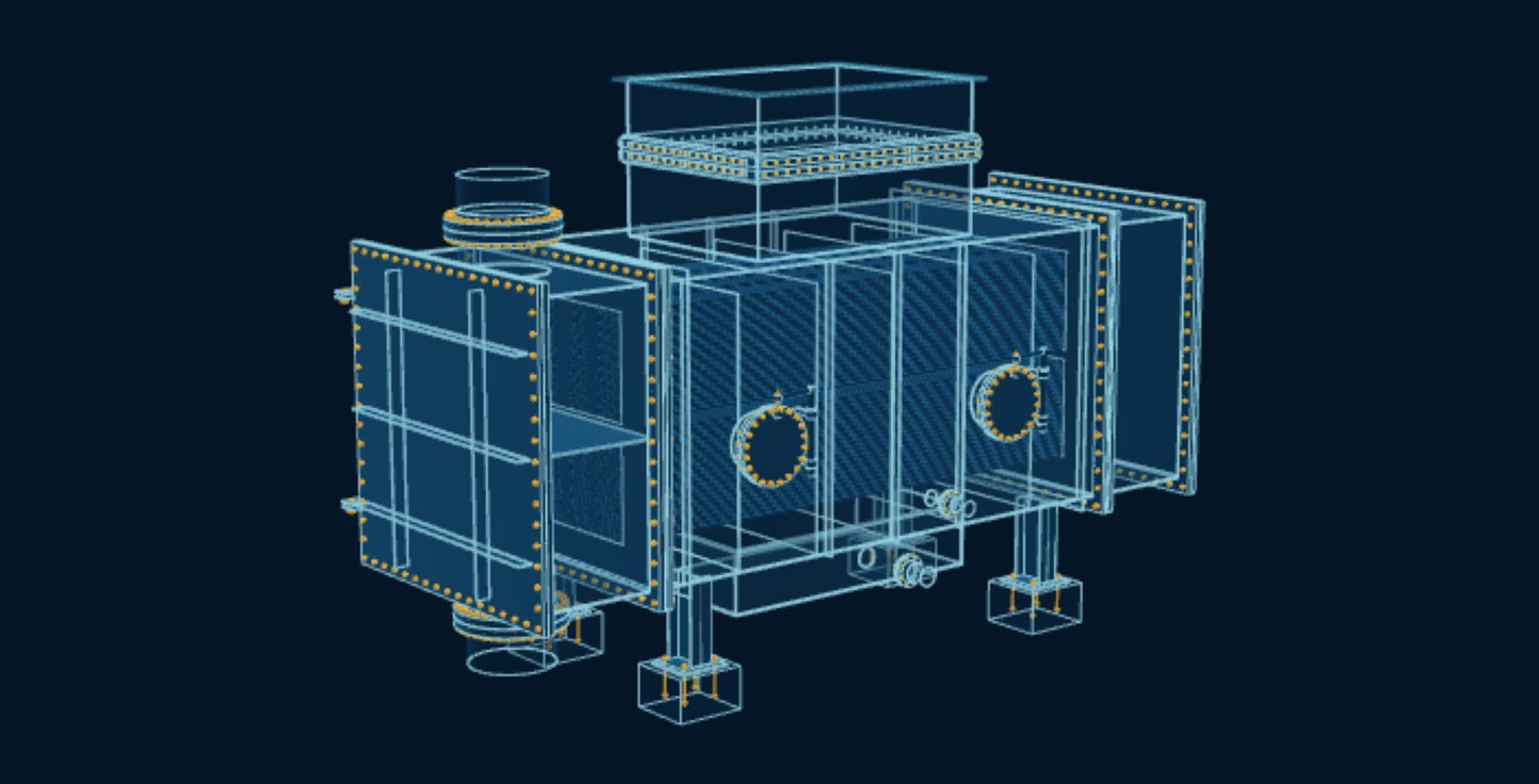Steam Surface Condenser, blueprint drawing with the parts we make in amber