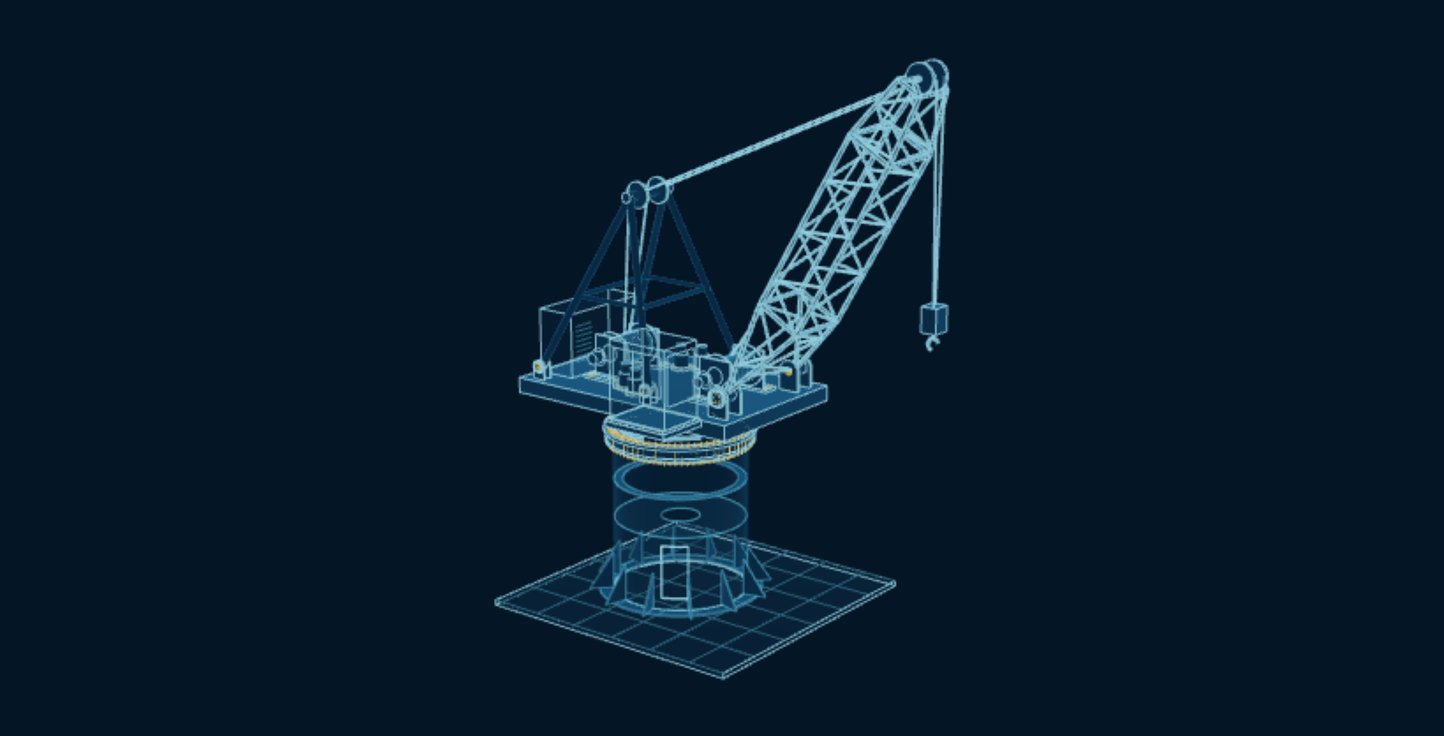 Offshore Crane, blueprint drawing with the parts we make in amber