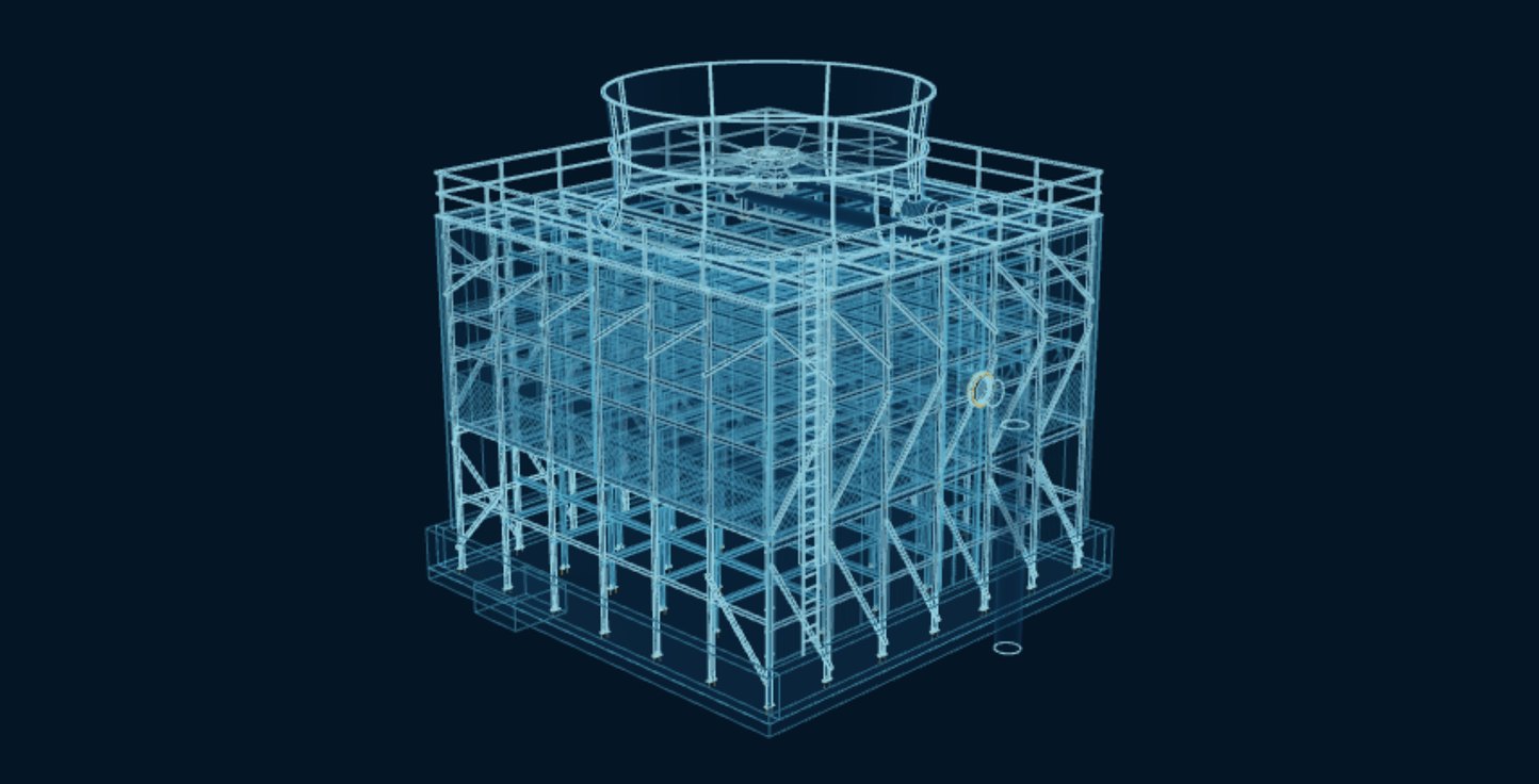 Cooling Tower, blueprint drawing with the parts we make in amber