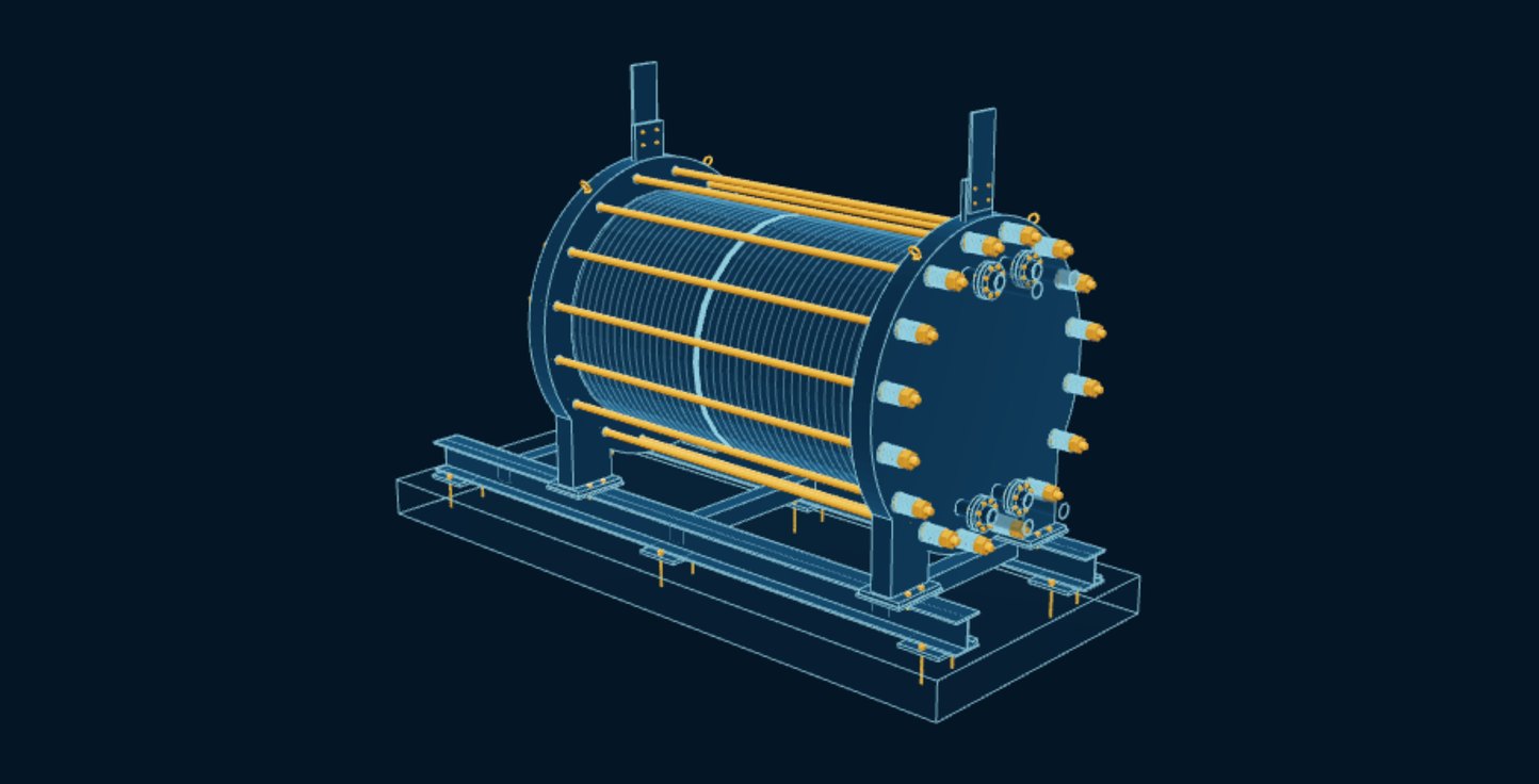 Electrolyzer Stack, blueprint drawing with the parts we make in amber