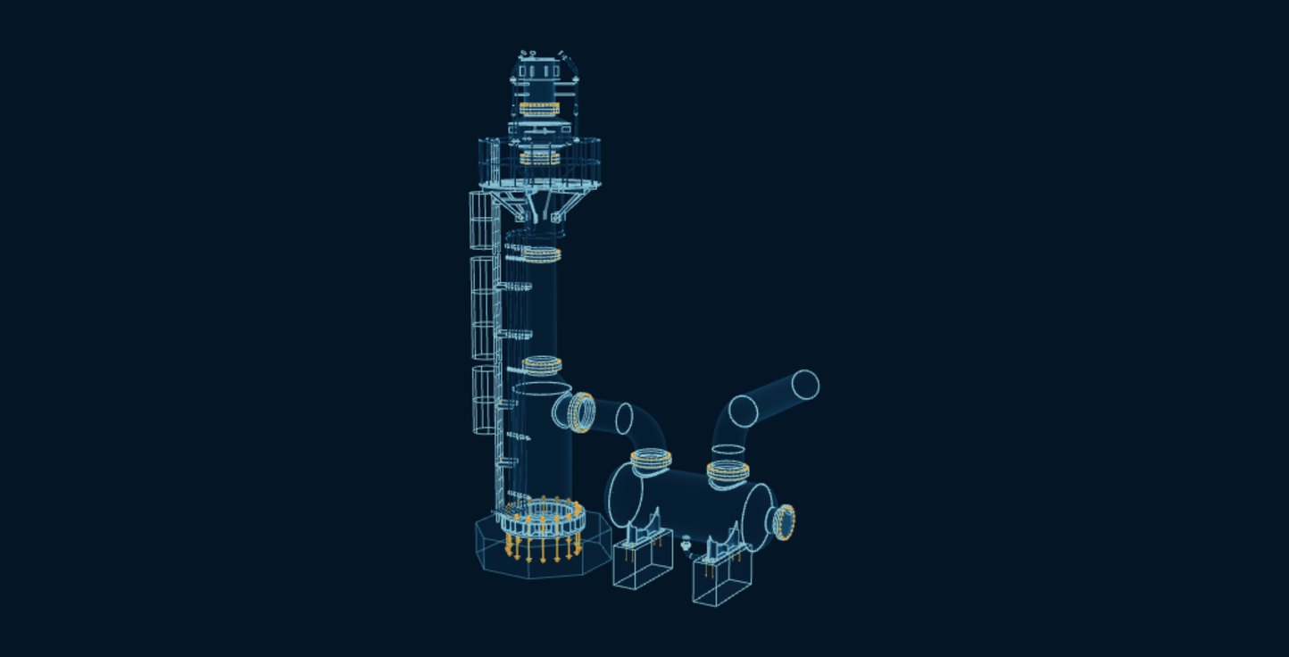 Flare Stack, blueprint drawing with the parts we make in amber