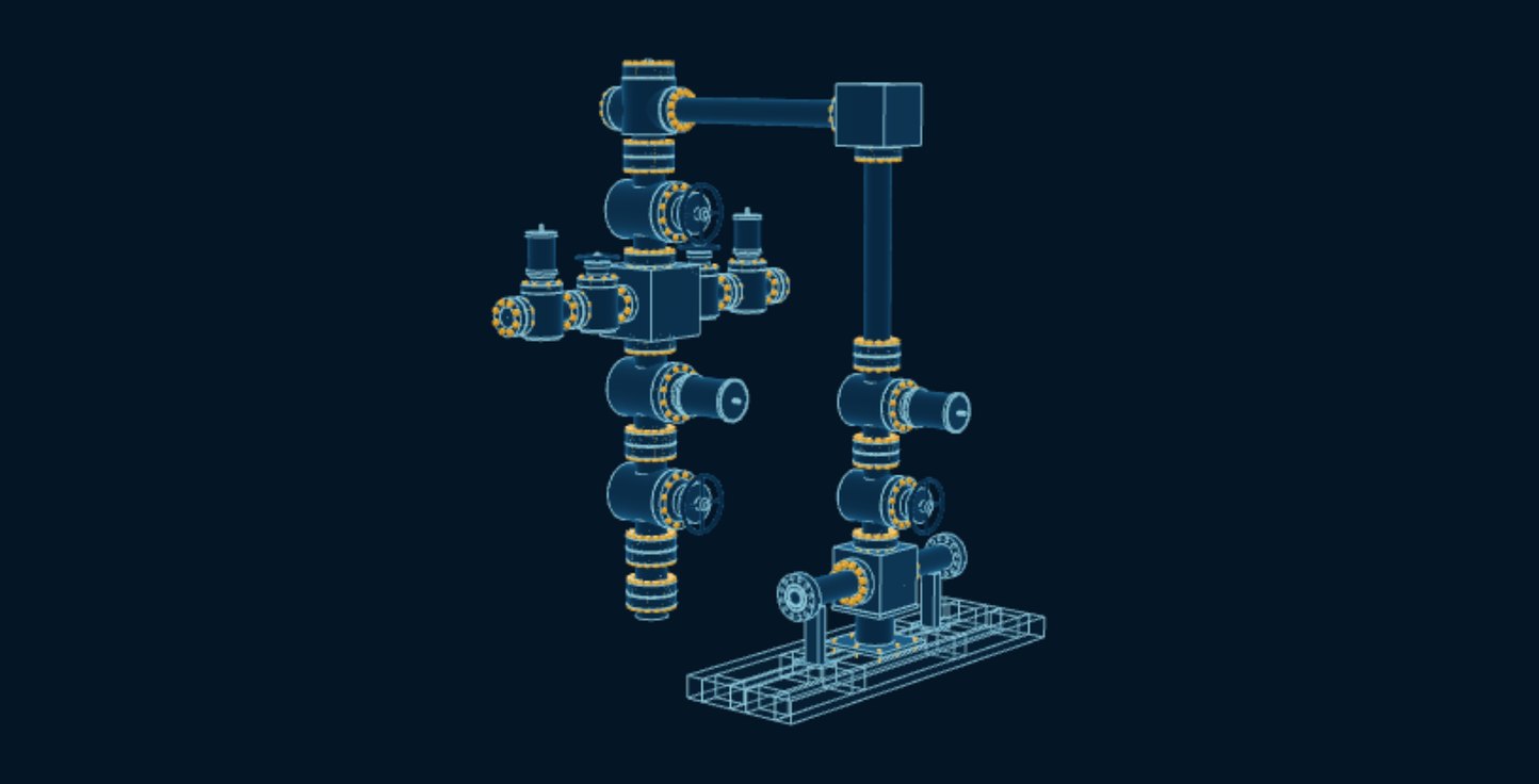 Frac Stack & Zipper Manifold, blueprint drawing with the parts we make in amber