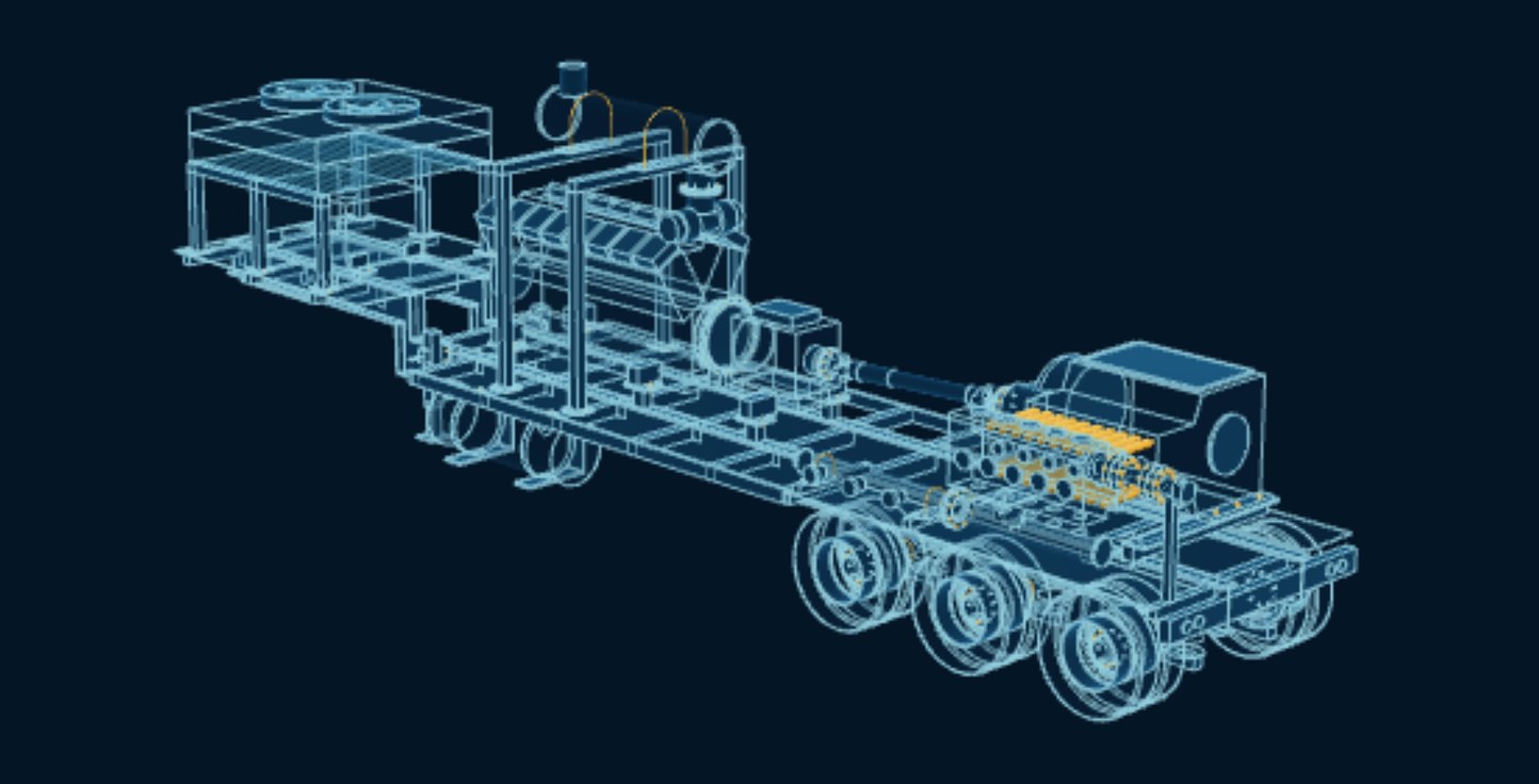 Frac Pump Trailer, blueprint drawing with the parts we make in amber