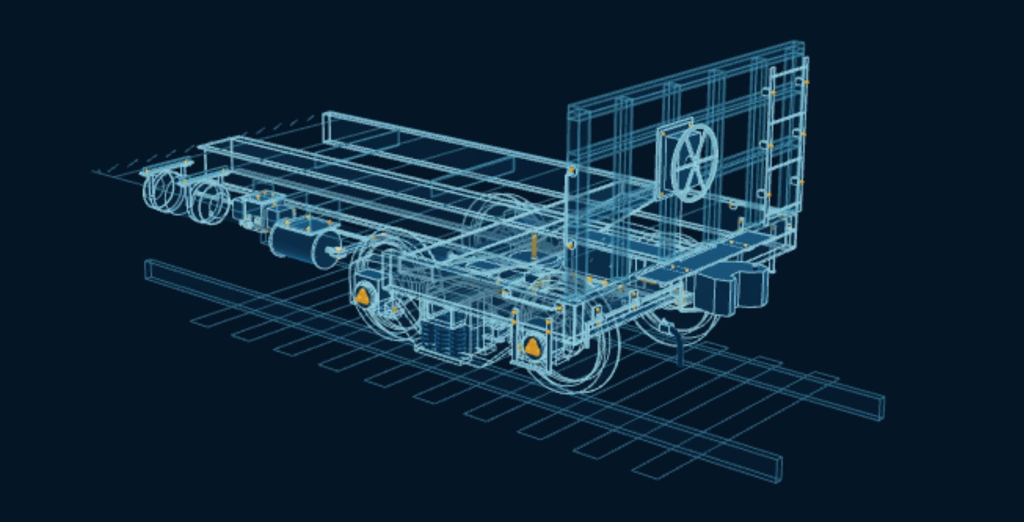 Freight Car Truck & Coupler, blueprint drawing with the parts we make in amber