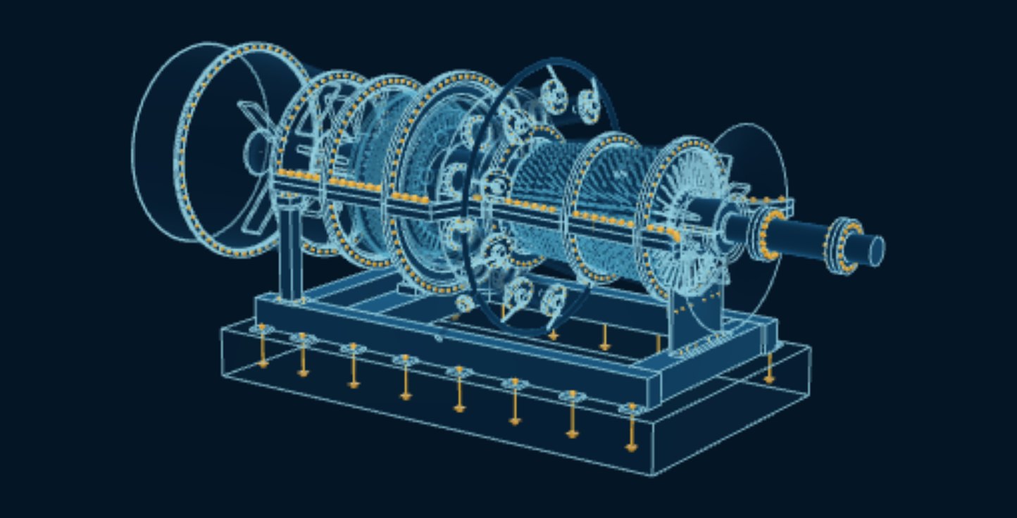 Gas Turbine, blueprint drawing with the parts we make in amber