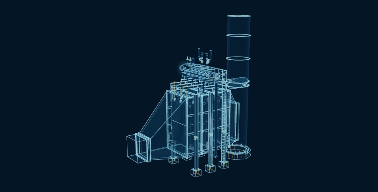 Heat Recovery Steam Generator, blueprint drawing with the parts we make in amber