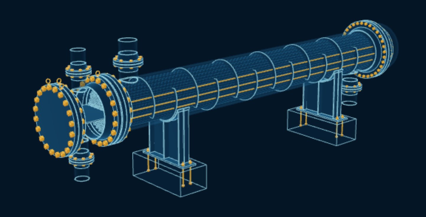 Shell & Tube Heat Exchanger, blueprint drawing with the parts we make in amber