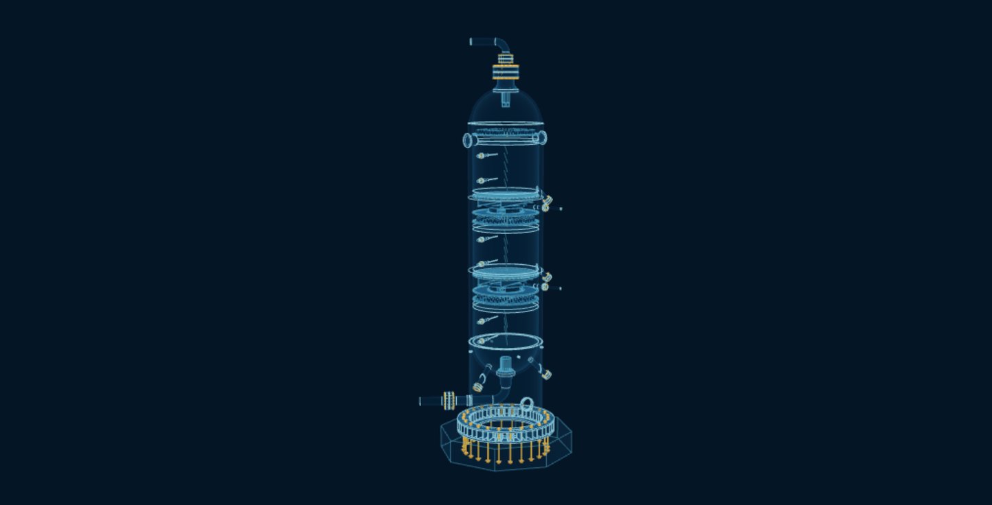 Hydroprocessing Reactor, blueprint drawing with the parts we make in amber