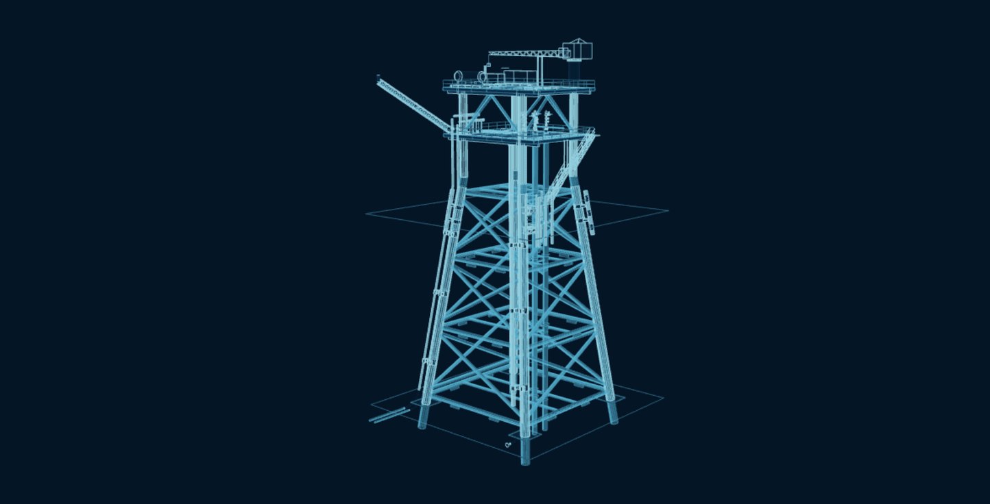 Fixed Offshore Platform, blueprint drawing with the parts we make in amber