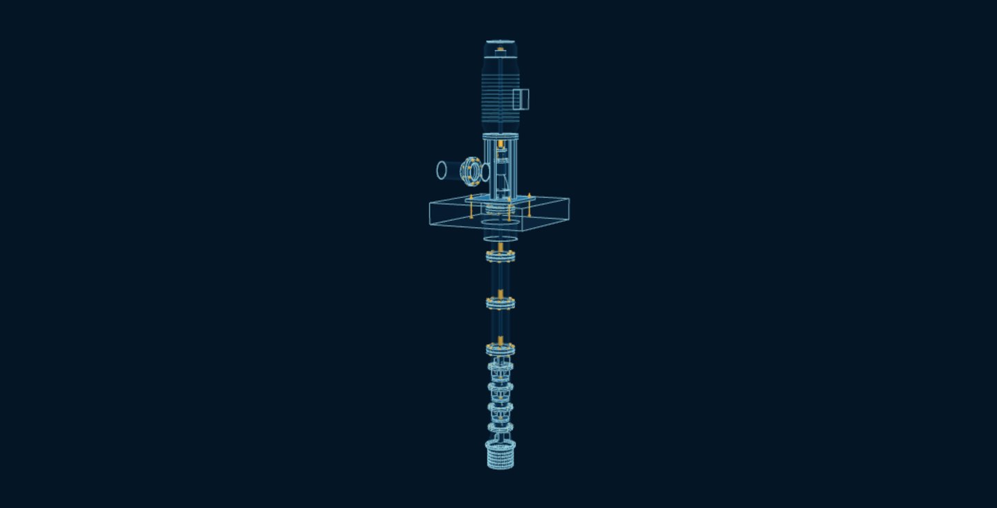 Line-Shaft Irrigation Pump, blueprint drawing with the parts we make in amber