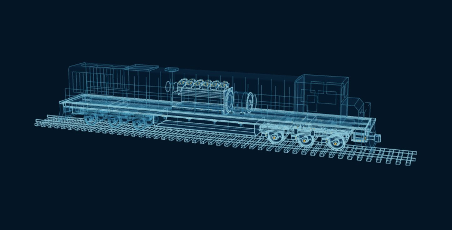 Freight Locomotive, blueprint drawing with the parts we make in amber