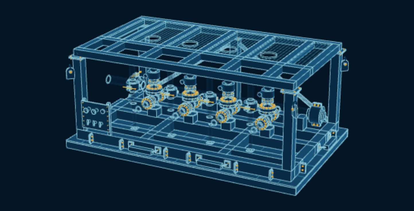Subsea Manifold, blueprint drawing with the parts we make in amber