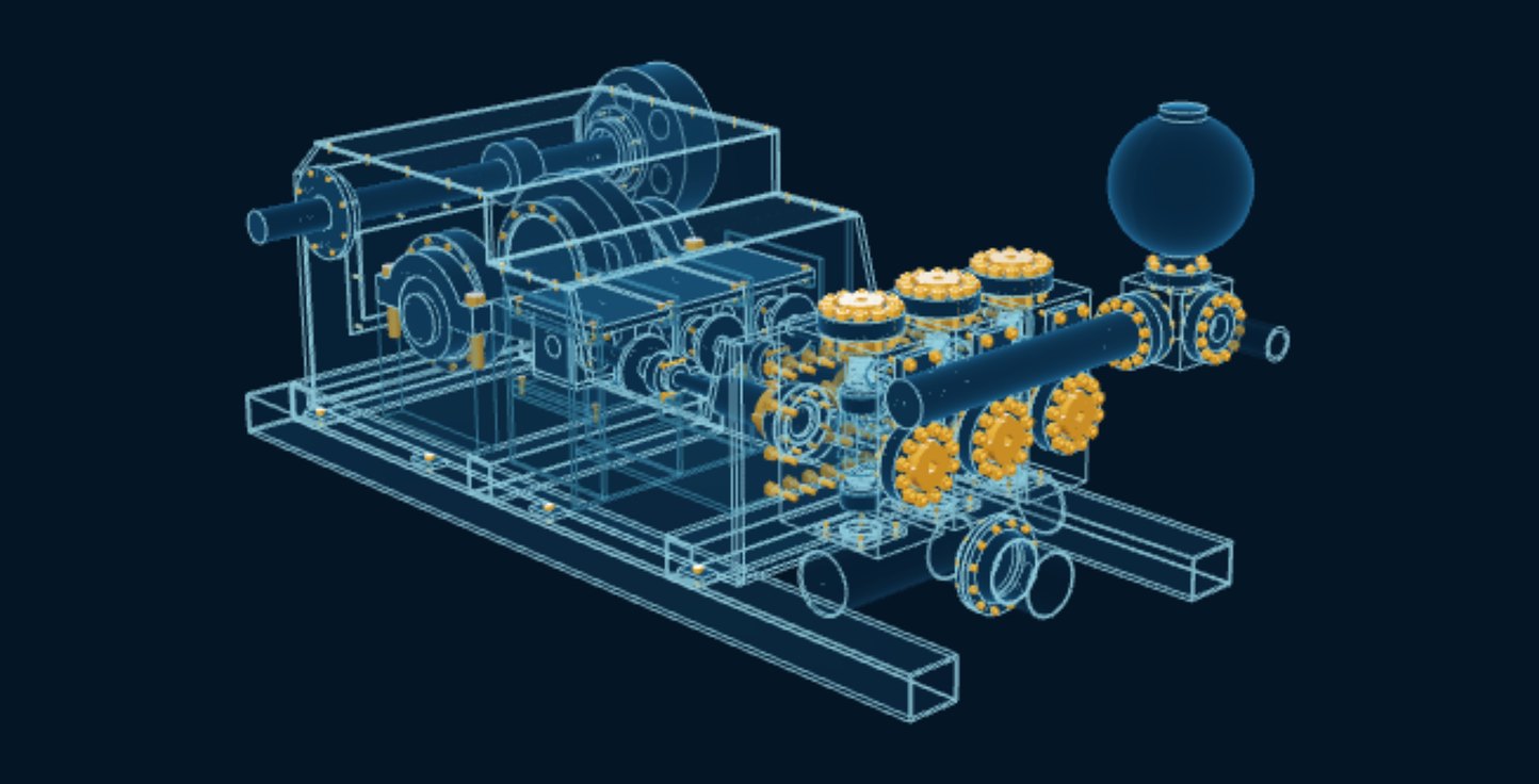 Mud Pump, blueprint drawing with the parts we make in amber