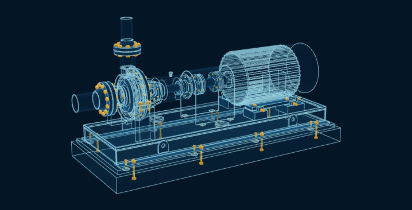 Centrifugal Pump, blueprint drawing with the parts we make in amber