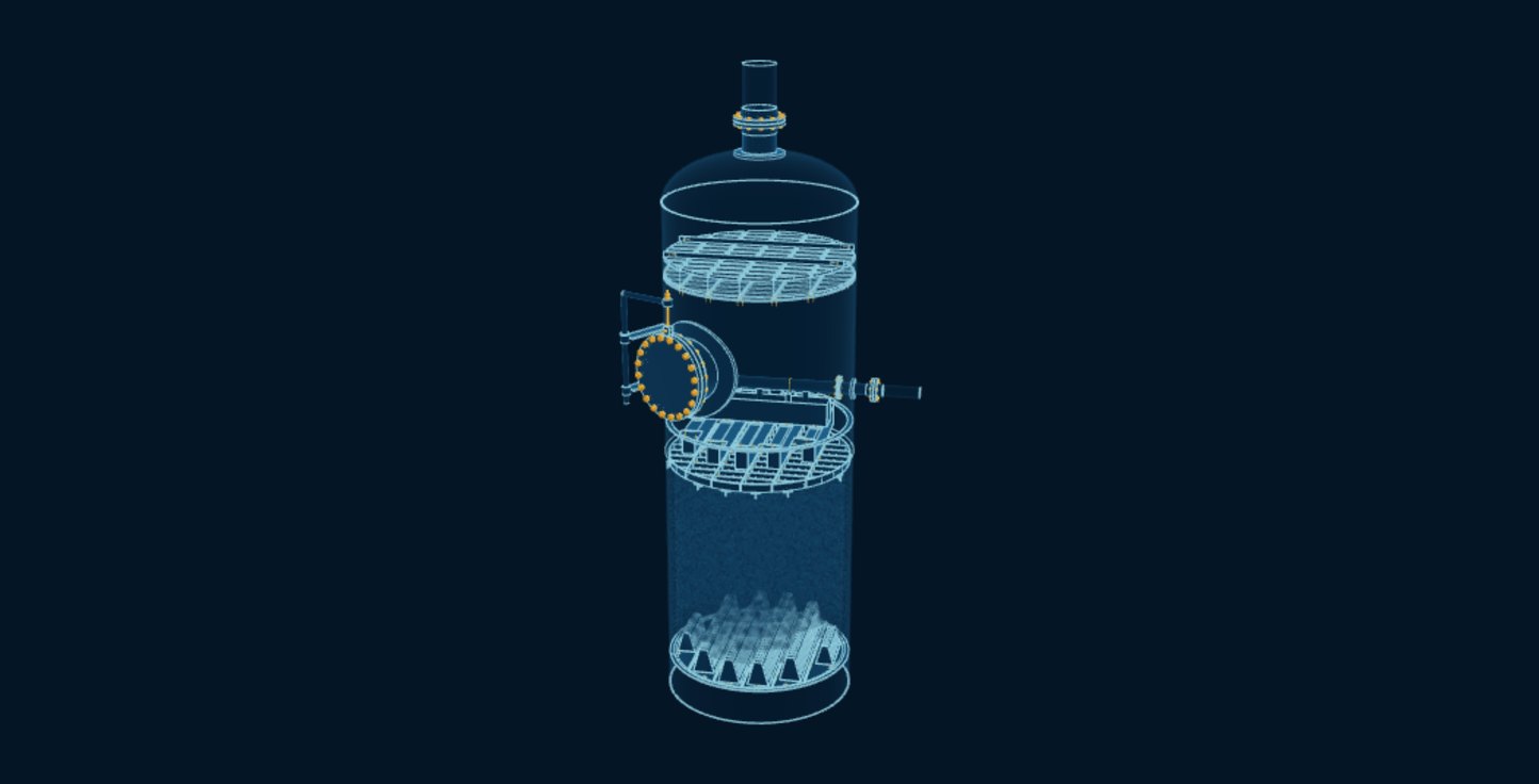 Packed Column and Mist Eliminator, blueprint drawing with the parts we make in amber