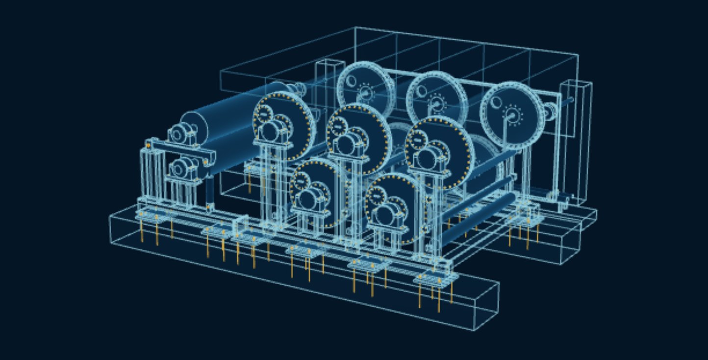 Paper Machine, blueprint drawing with the parts we make in amber