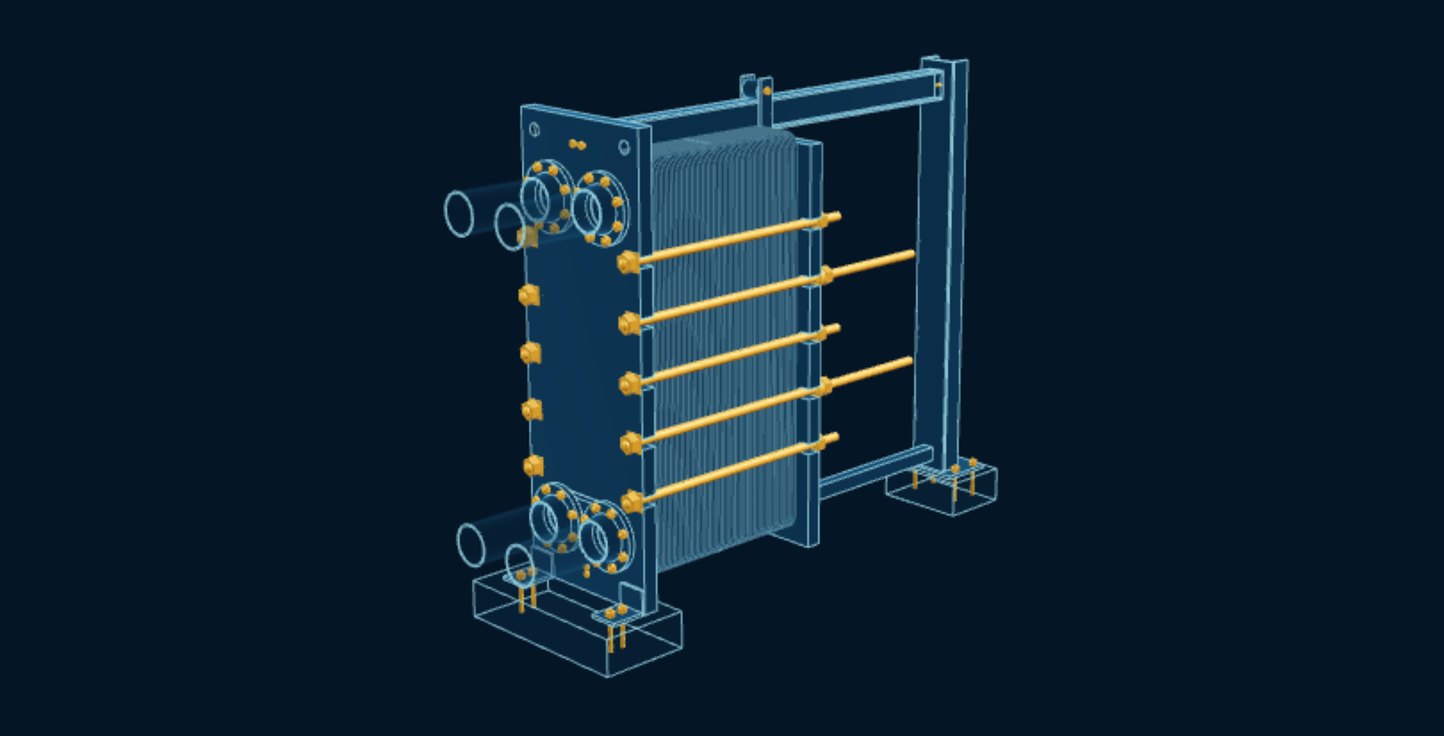 Plate Heat Exchanger, blueprint drawing with the parts we make in amber