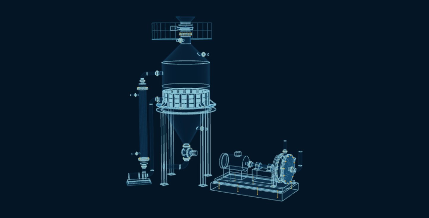Pulp Digester and Disc Refiner, blueprint drawing with the parts we make in amber