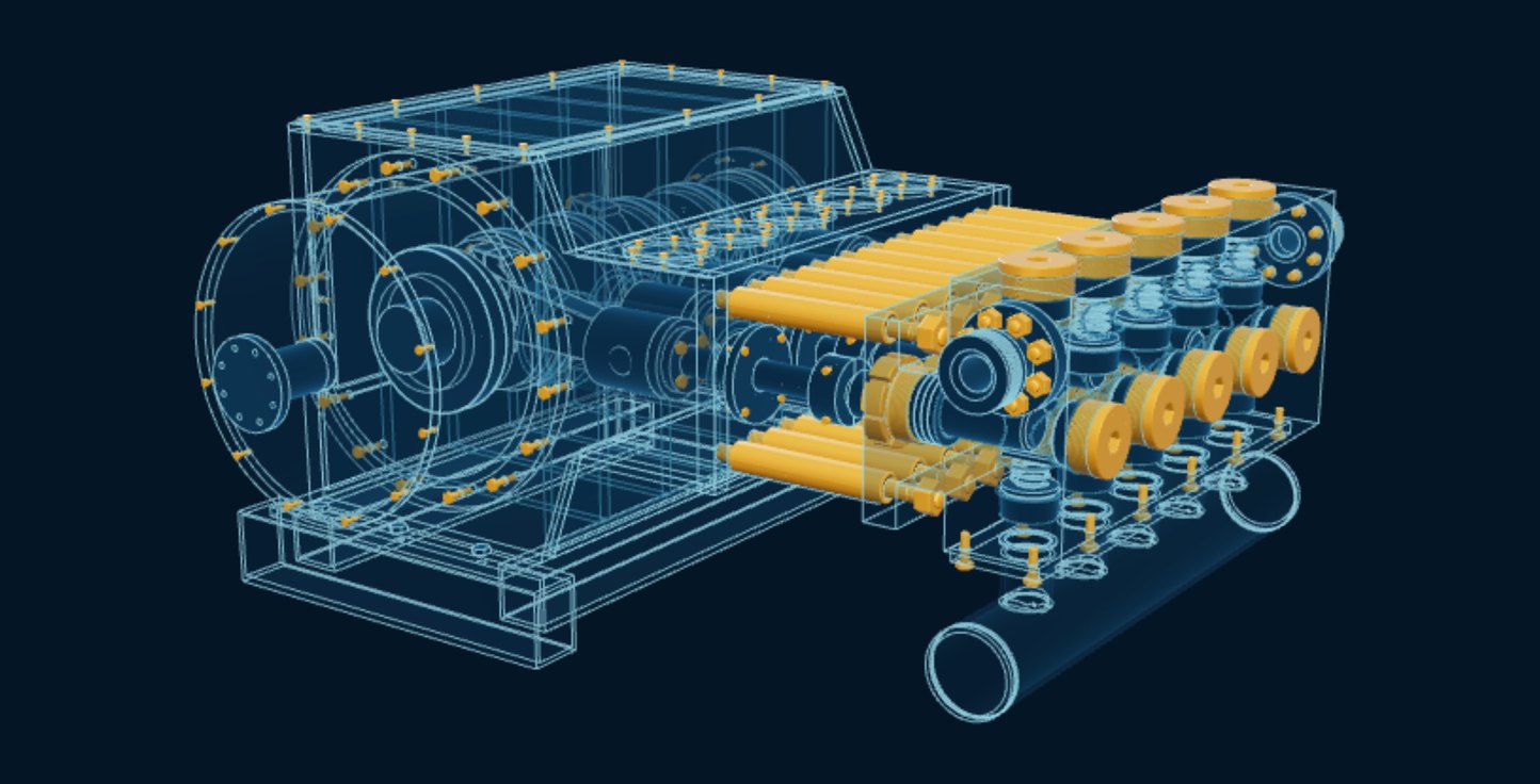 Frac Pump, blueprint drawing with the parts we make in amber