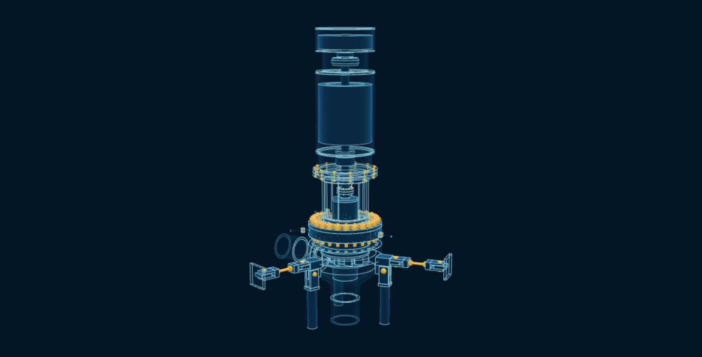 Reactor Coolant Pump, blueprint drawing with the parts we make in amber