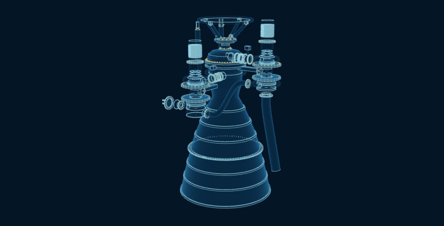 Rocket Engine, blueprint drawing with the parts we make in amber