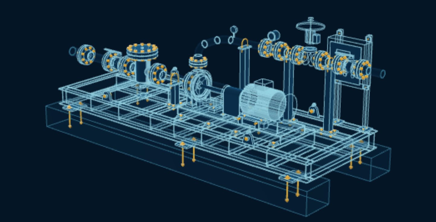Process Skid, blueprint drawing with the parts we make in amber