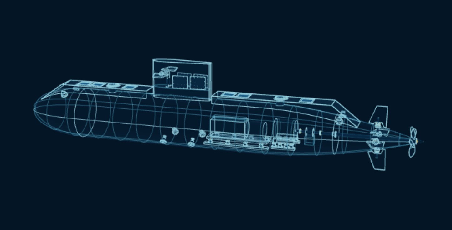 Submarine, blueprint drawing with the parts we make in amber