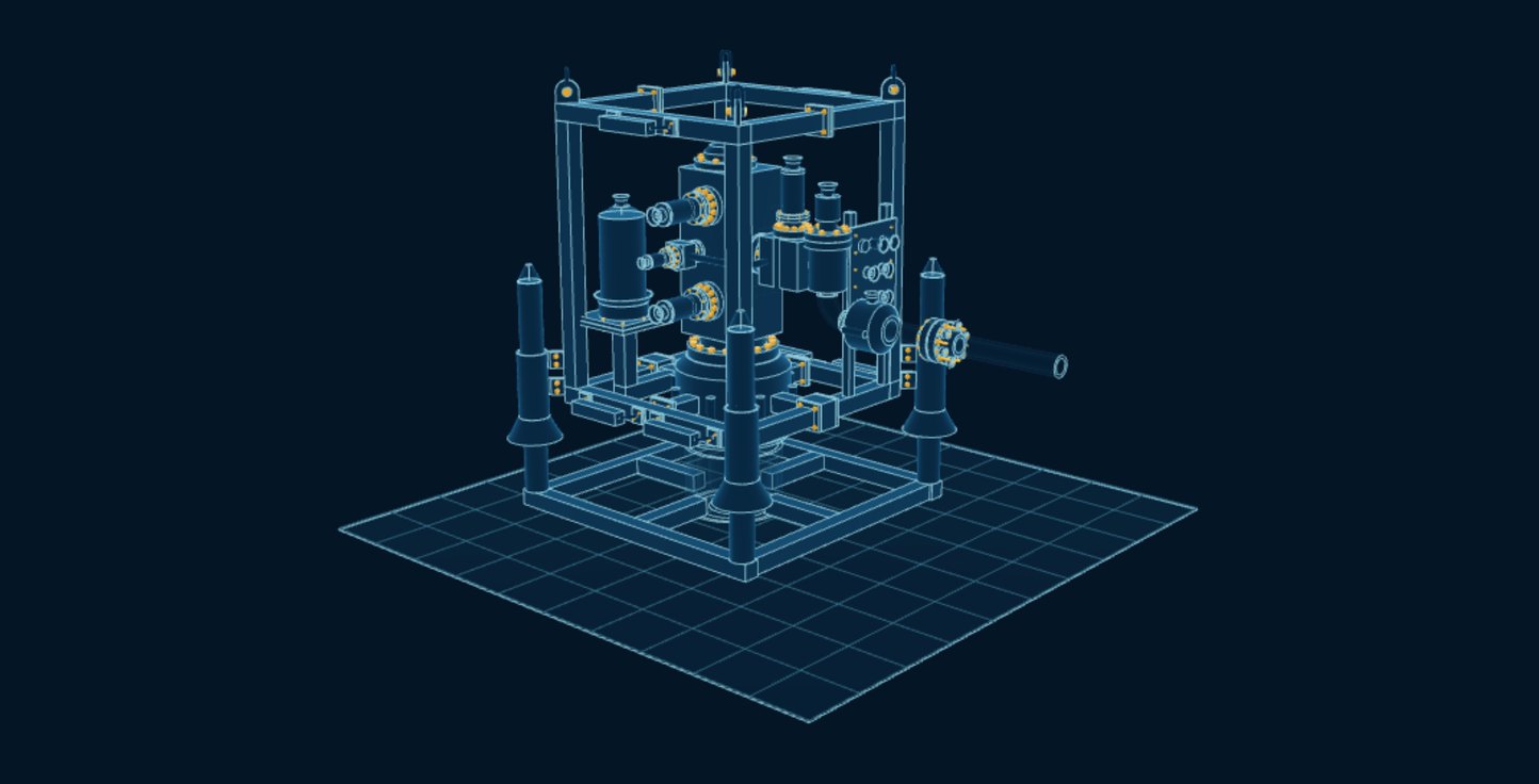 Subsea Production Tree, blueprint drawing with the parts we make in amber