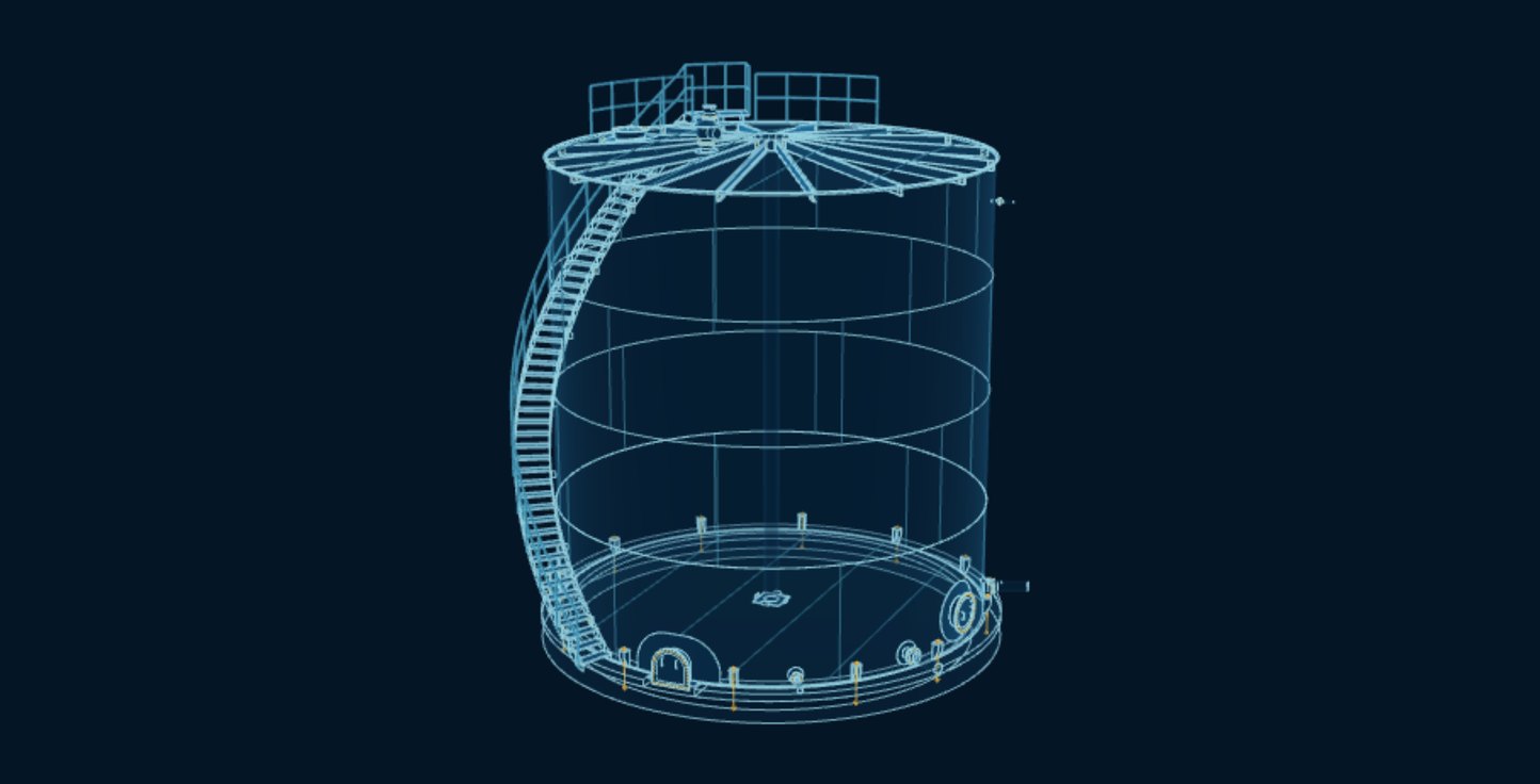 Storage Tank, blueprint drawing with the parts we make in amber