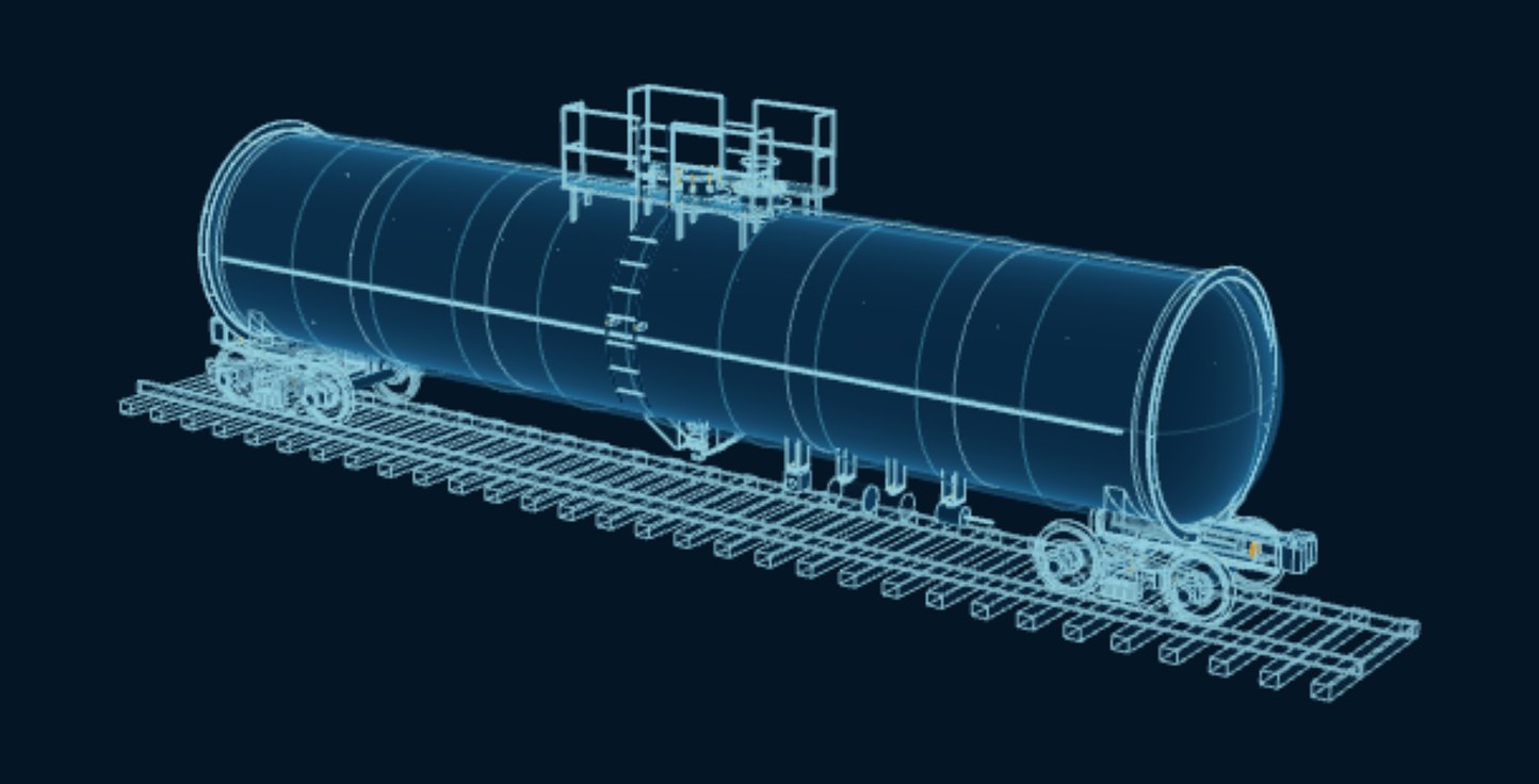 Railroad Tank Car, blueprint drawing with the parts we make in amber