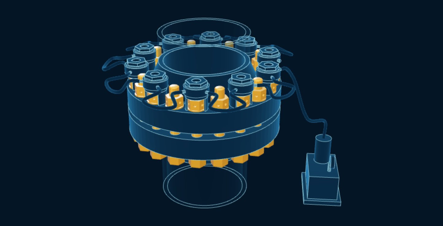 Tensioned Flange Joint, blueprint drawing with the parts we make in amber