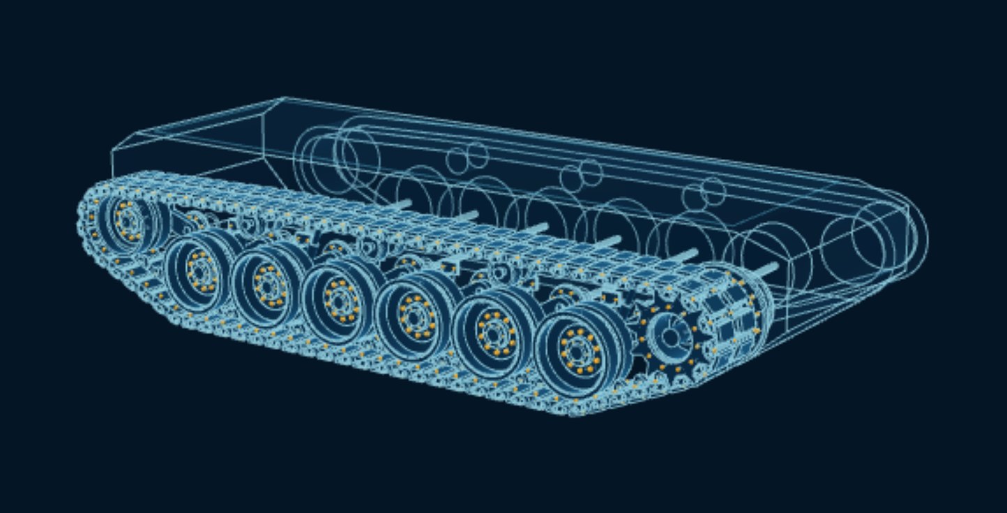 Tracked Vehicle Running Gear, blueprint drawing with the parts we make in amber
