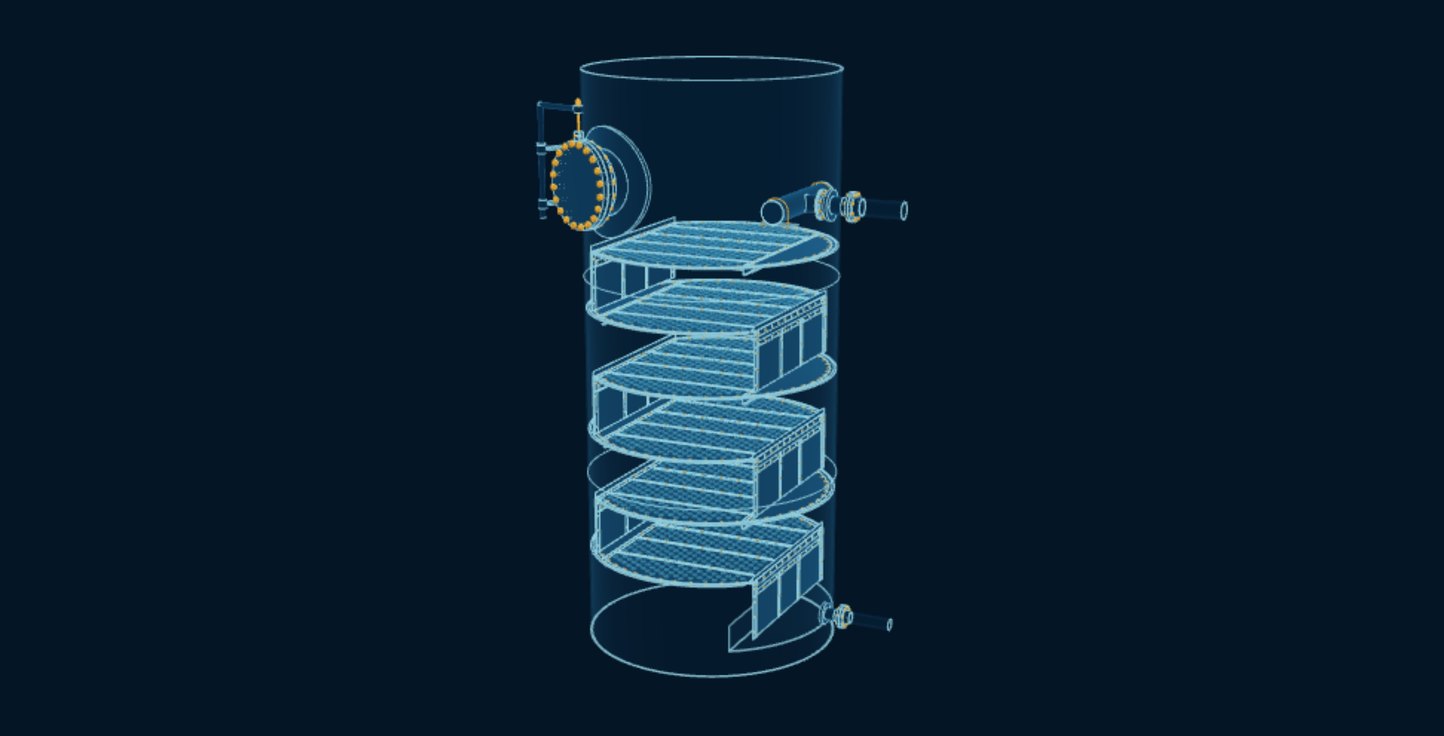 Trayed Distillation Column, blueprint drawing with the parts we make in amber
