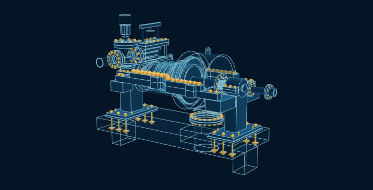 Steam Turbine, blueprint drawing with the parts we make in amber