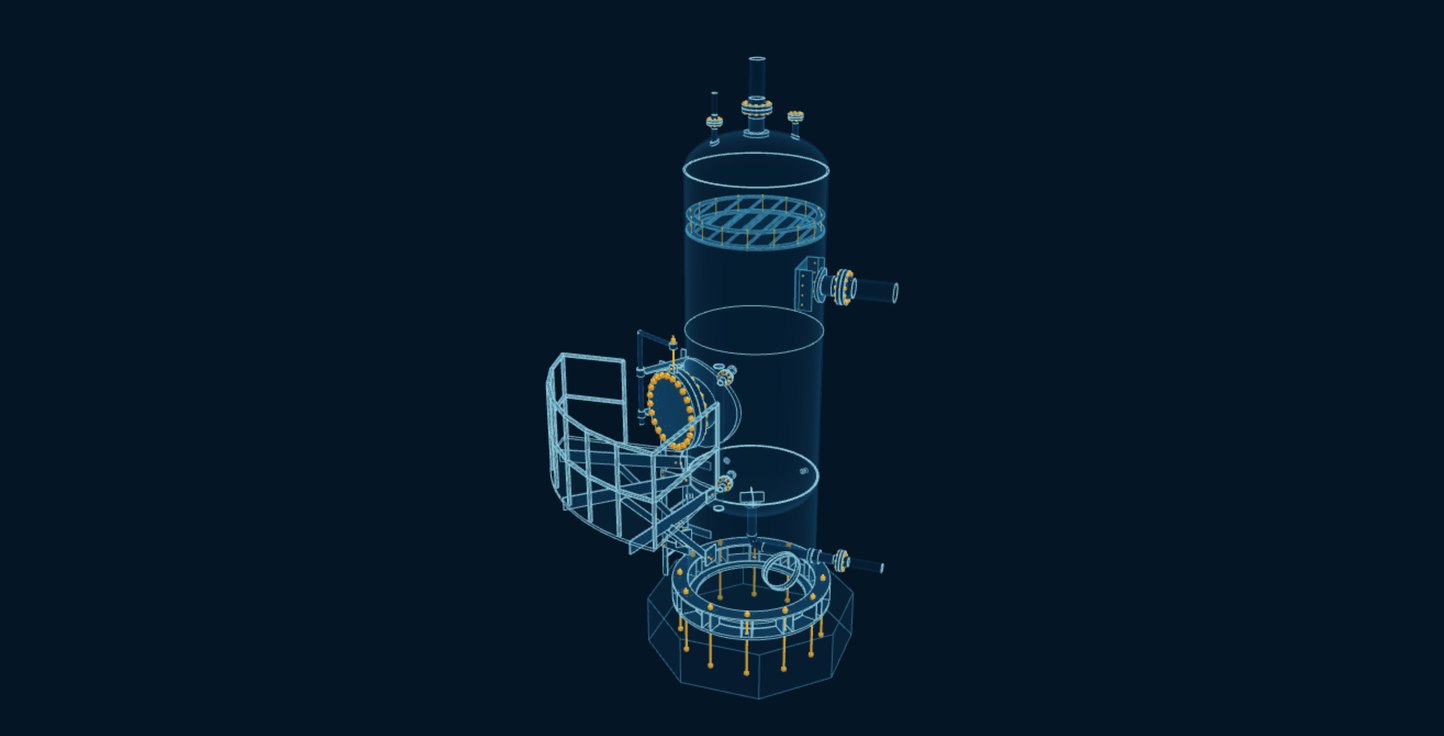 Pressure Vessel, blueprint drawing with the parts we make in amber