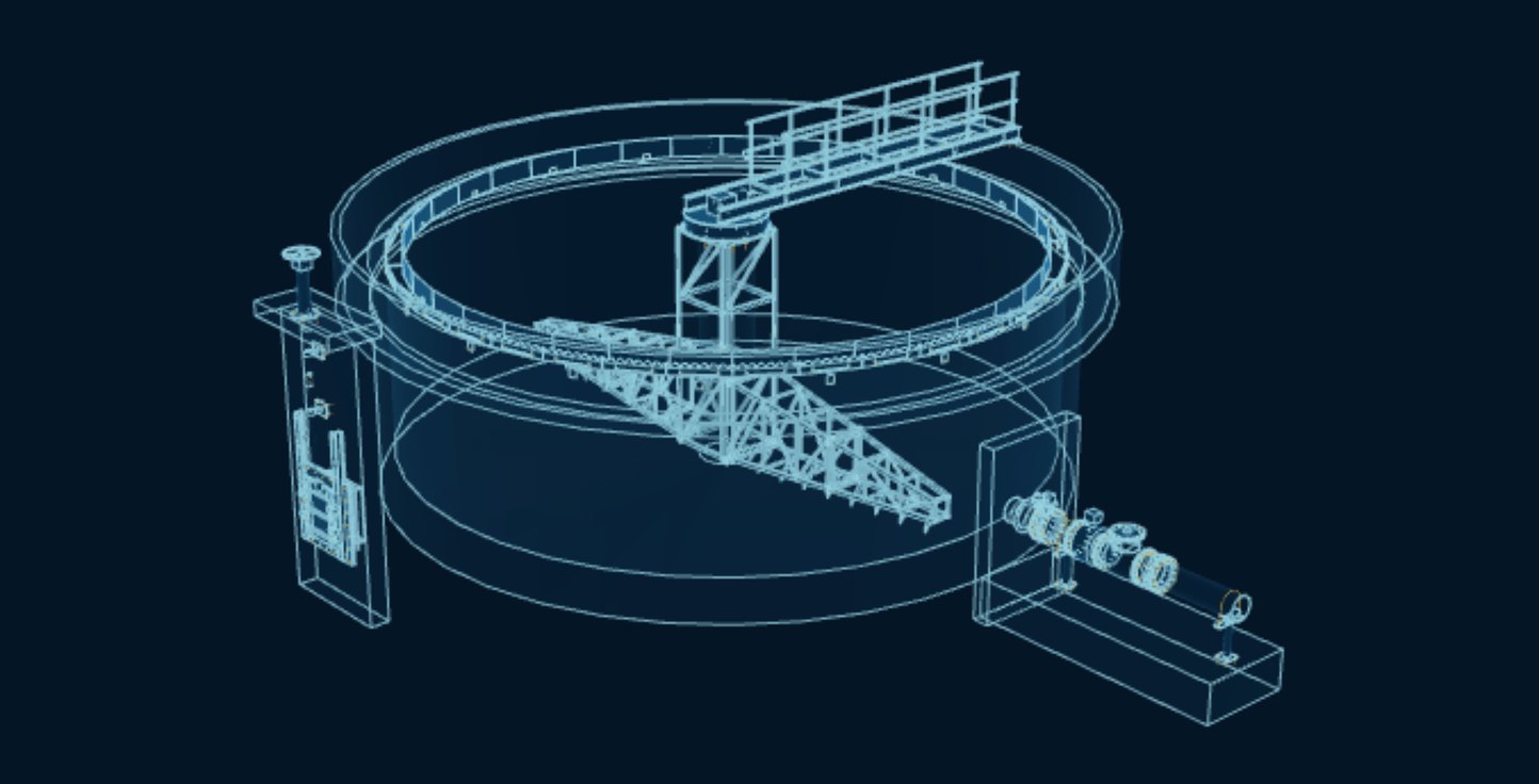 Water Treatment Plant, blueprint drawing with the parts we make in amber