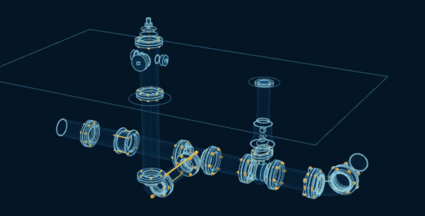 Water Main and Fire Hydrant, blueprint drawing with the parts we make in amber