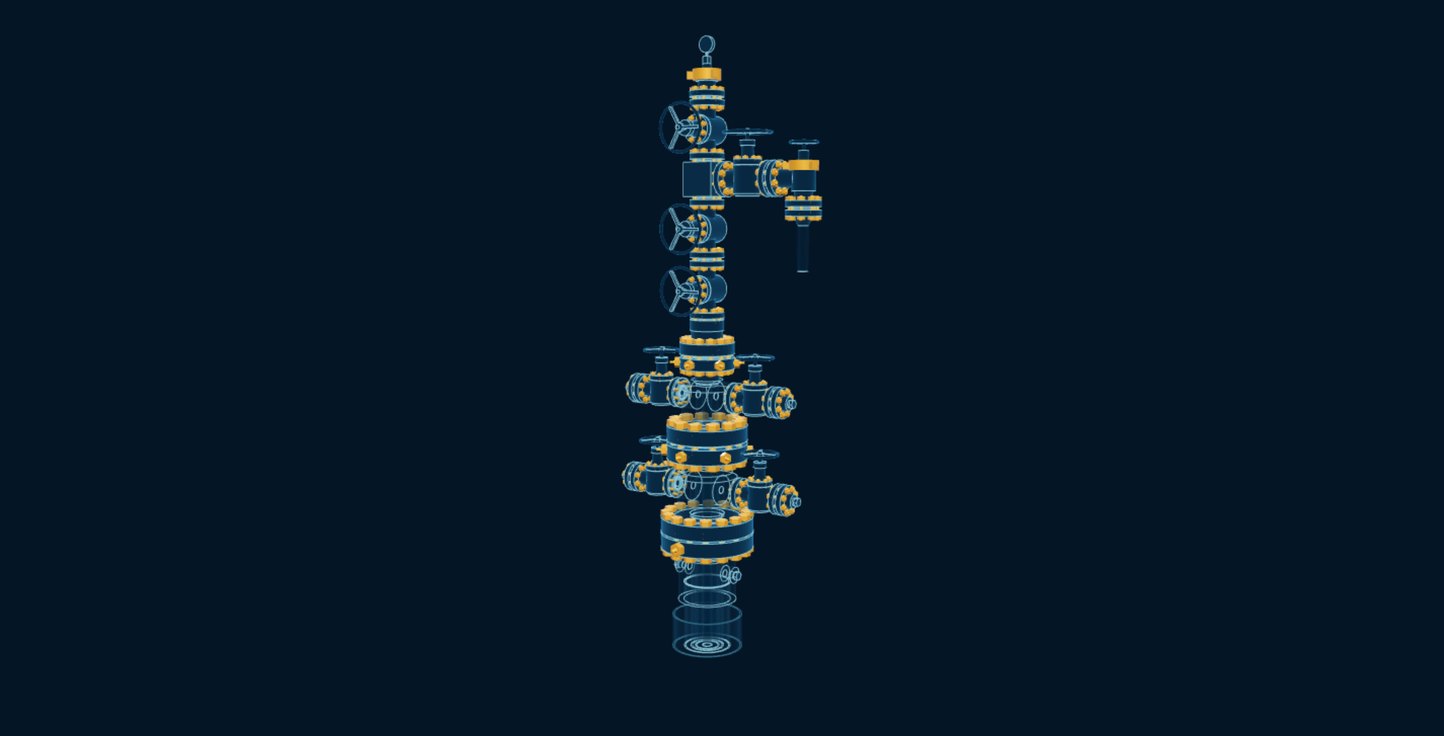 Wellhead & Tree, blueprint drawing with the parts we make in amber