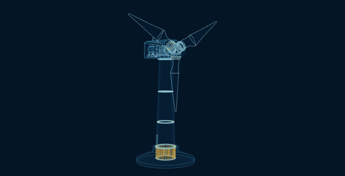 Wind Turbine, blueprint drawing with the parts we make in amber