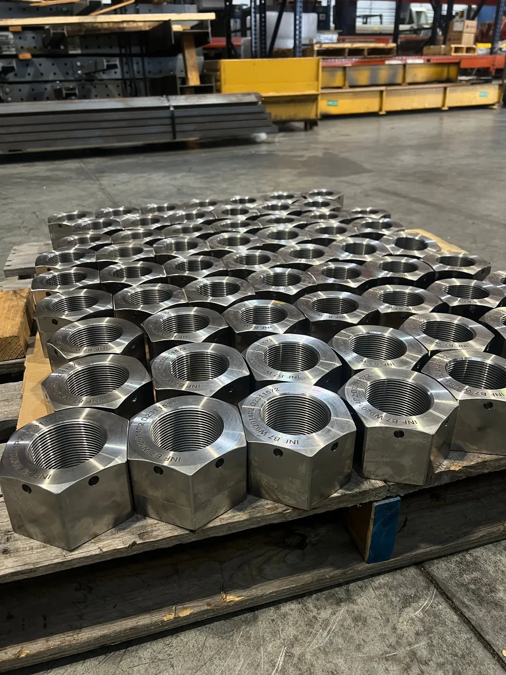2-3/4"-8 UN-3B Special Heavy Hex Nut, Drilled and Beveled in ASTM A193 B7 — machined by Innovation Fasteners, Houston