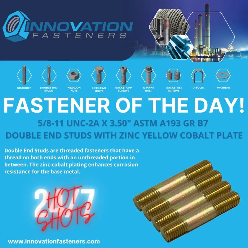 5/8"-11 UNC-2A x 3.50" Double End Stud in ASTM A193 Grade B7, zinc yellow cobalt plated — machined by Innovation Fasteners, Houston