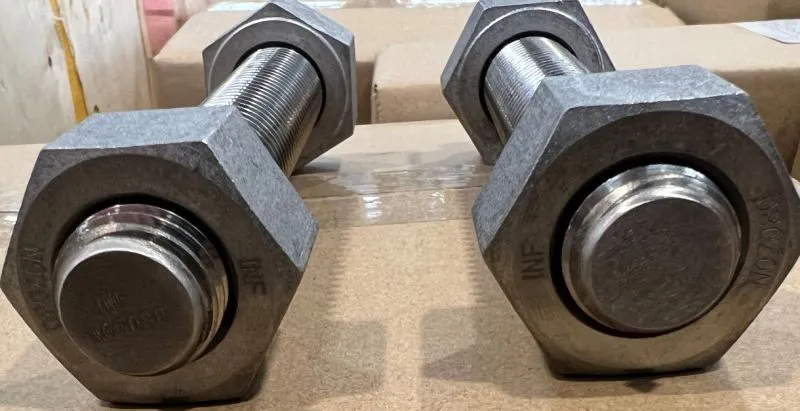 7/8"-9 UNC x 6" Studbolts with 2 Nuts in Nimonic 80A (UNS N07080) — machined by Innovation Fasteners, Houston (photo 3 of 3)