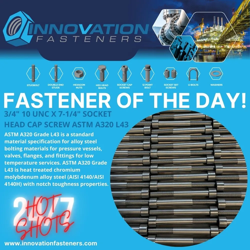 Socket Head Cap Screw, Mechanically Tested in ASTM A320 L43 — machined by Innovation Fasteners, Houston
